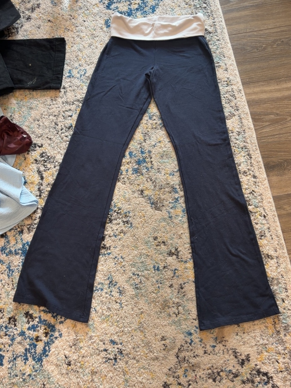 Brandy Melville Black Wide-Leg Pants with Cream Fold-Over Waistband